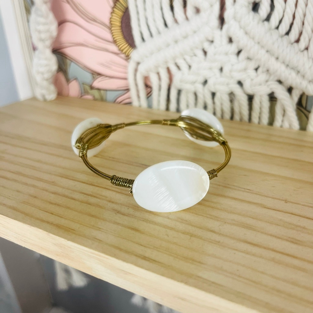 White & Gold Oval‎ Stone Bangle Bracelet One Size